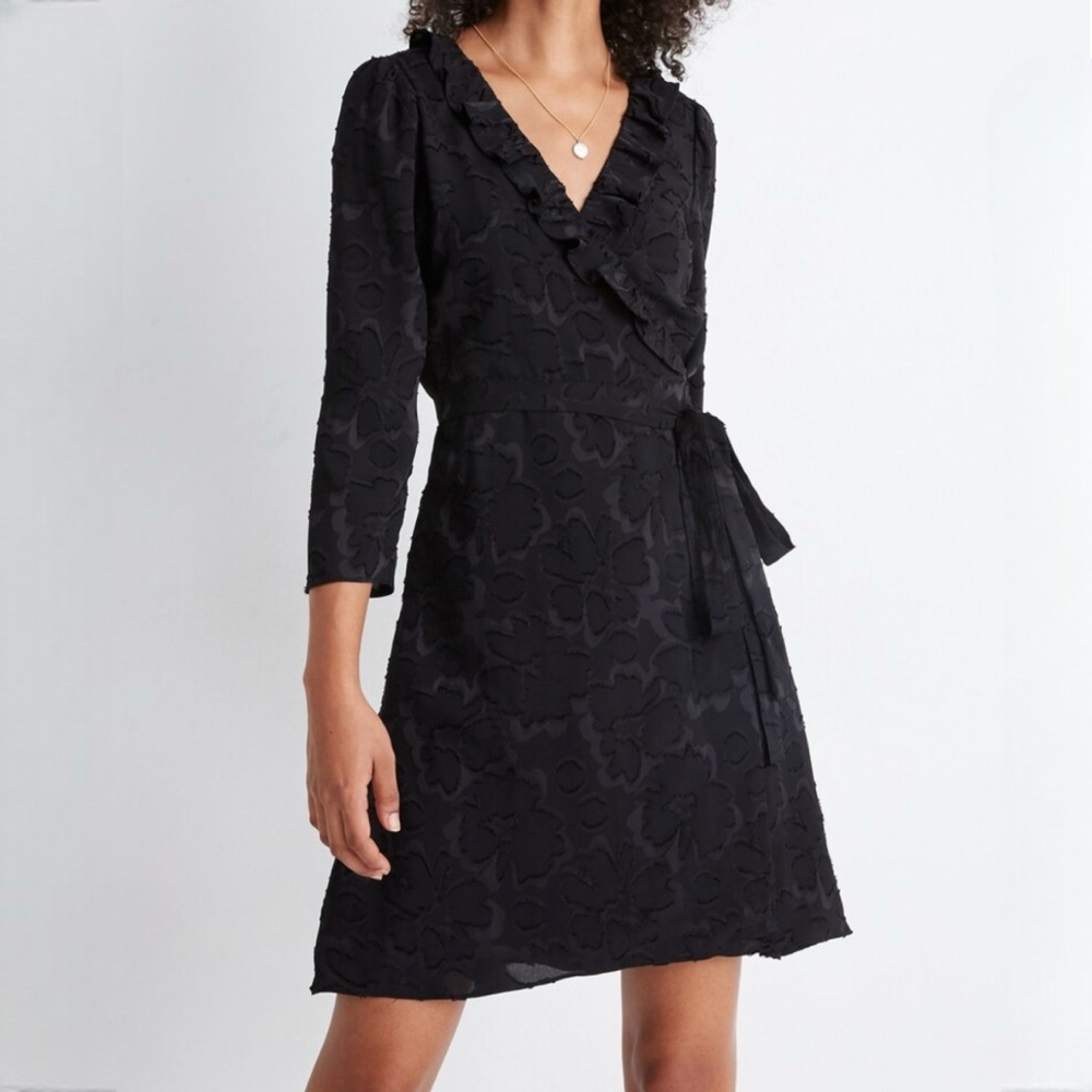 Madewell Ruffled Wrap Dress Black Floral Jacquard Long Sleeve size Small